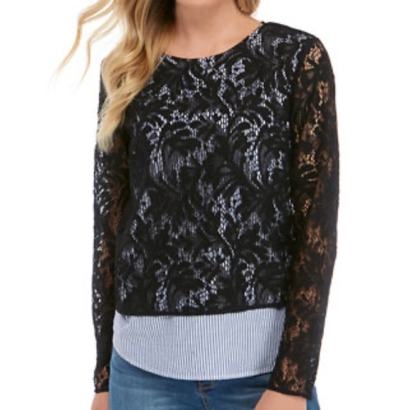 crown & ivy Tops - Crown and Ivy blue lace layered 2fer blouse size large